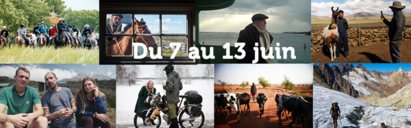 Un collage avec diverses scènes : un groupe à cheval dans un champ, un homme à cheval près d'une fenêtre, un homme plus âgé au bord de la mer, deux hommes conversant dans un cadre rural, deux randonneurs, un cycliste dans la neige, un berger. , et un randonneur dans une zone montagneuse. Texte : "Du 7 au 13 juin.